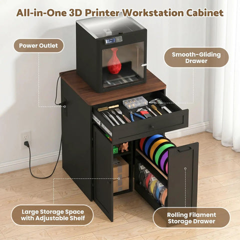 All In One 3D Printer Cabinet With Slick Rolling Filament Storage Drawer For Large Printers And Sweet Workshop Setup Heavy Duty Frame Holds Twenty Spools Smooth Glide Bin Keeps Your Maker Gear Dope And Tight So You Can Just Focus On Printing