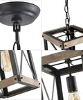 Close-up of Farmhouse Pendant Light With Rustic Wood Cage And Matte Black Iron Frame Delivers A Dope Industrial Rectangular Chandelier Vibe For Kitchen Island Entryway Foyer Living Room And Dining Area Brown Finish