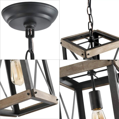 Close-up of Farmhouse Pendant Light With Rustic Wood Cage And Matte Black Iron Frame Delivers A Dope Industrial Rectangular Chandelier Vibe For Kitchen Island Entryway Foyer Living Room And Dining Area Brown Finish