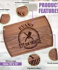 Walnut wood cutting board, 16x10 inches, engraved EVANS STEAK HOUSE logo with polished surface.