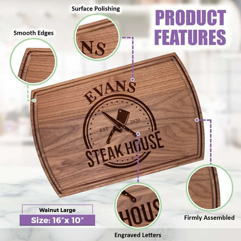 Walnut wood cutting board, 16x10 inches, engraved EVANS STEAK HOUSE logo with polished surface.