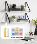 Wall shelves with books and plants, highlighting 92-piece screw anchor set for installation, ideal for home DIY projects.
