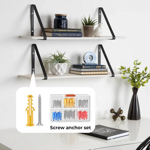 Wall shelves with books and plants, highlighting 92-piece screw anchor set for installation, ideal for home DIY projects.