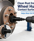 Complete Wheel Hub Resurfacing Kit With Pro Hub Cleaning Tool And Wheel Stud Cleaner in use on rusty hub