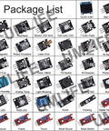 Package list of 38 In 1 Sensor Module Kit Project Starter Pack, showing 37 sensor modules and OLED display for Arduino and Raspberry Pi.