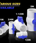 Various sizes of PVC ball valves with threaded ends and blue T handles, featuring 3/4-inch SCH40 slip water pipe valve for outdoor plumbing.