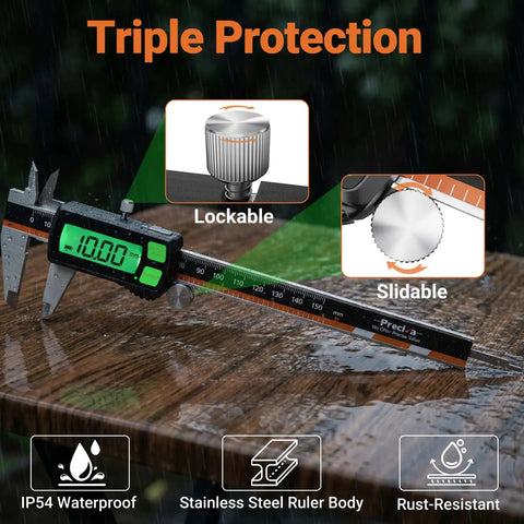 Type-C Rechargeable Digital Caliper With Stainless Steel Vernier, highlighting lockable and slidable features, on wet surface.