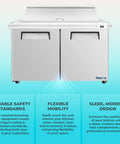 Heavy Duty Workhorse 60 Inch Commercial Refrigerated Sandwich Prep Table Built Tough Stainless Steel two-door with flexible mobility.