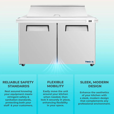 Heavy Duty Workhorse 60 Inch Commercial Refrigerated Sandwich Prep Table Built Tough Stainless Steel two-door with flexible mobility.