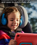 Heavy Duty Seven Inch Tablets For Kids Ages Three To Seven Loaded With No Sweat Parental Controls Ad Free Fun Kid Tough Case And All Day Battery Juice Included Today, child in car seat using pink tablet.