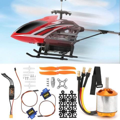 Ultra Lightweight RC Helicopter Motor and Propeller Kit With Brushless ESC And 9G Servo, shown with components and helicopter.