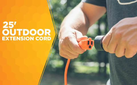 Person plugging in Outdoor Extension Cord 25 Ft 16 Gauge SJTW Flexible Vinyl Jacket Bright Orange UL Listed for yard tools
