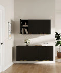 Slick Fluted Black Bathroom Wall Cabinet With Two Doors, Space Saving Wall Mount Shelf in living room