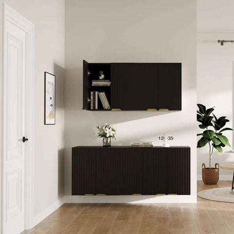 Slick Fluted Black Bathroom Wall Cabinet With Two Doors, Space Saving Wall Mount Shelf in living room