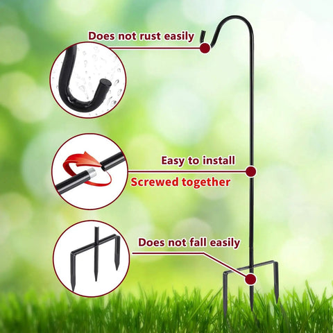 Two Pack Adjustable Shepherd Hooks With Heights Of Thirty One Twenty Four And Sixteen Inches Heavy Duty One Half Inch Thick Black Outdoor Hangers For Lanterns Solar Lights Bird Feeders Planters Wedding Aisles And Yard And Patio Garden Decor shown with installation features.