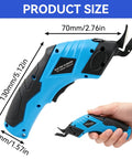 Top Tier Electric Fabric Scissors Providing Ridiculously Smooth Cordless Slicing On Thick Cloth And Carpet With An Included Charger Aimed At Serious Stitchers And Craft Teams Wanting Sick Precision Daily in blue with measurements.