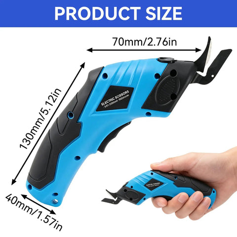 Top Tier Electric Fabric Scissors Providing Ridiculously Smooth Cordless Slicing On Thick Cloth And Carpet With An Included Charger Aimed At Serious Stitchers And Craft Teams Wanting Sick Precision Daily in blue with measurements.