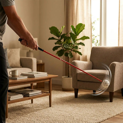 Man using Indoor Golf Swing Trainer 47 Inch With Audio Feedback Perfect For Home Office And Living Room in living room.