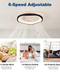 Monikessy Modern Black Ceiling Fan with Lights 20" Low Profile Ceiling Fan showing 6-speed adjustable settings on a ceiling.