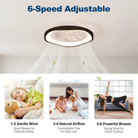 Monikessy Modern Black Ceiling Fan with Lights 20" Low Profile Ceiling Fan showing 6-speed adjustable settings on a ceiling.
