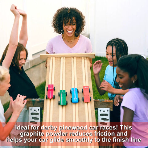 Children racing pinewood derby cars down outdoor track, showcasing 4 Pack Graphite Powder For Pinewood Derby Cars, 0.5oz Each With Needle Tip And Cleaning Brushes, Dry Lubricant For Fast Wheels, Smooth Axles, Quiet Locks And Hinges, And More.