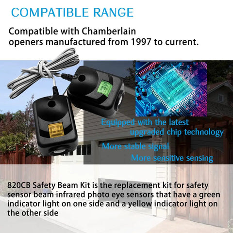 Upgraded 820CB Garage Door Sensor Kit With Bracket For LiftMaster Chamberlain Craftsman Openers After 1997 Replacement 41A5034 G801CB P 801CB 041 0136 Compatible No Programming Required No Brainer Install showing black sensors with wires and green and yellow indicators