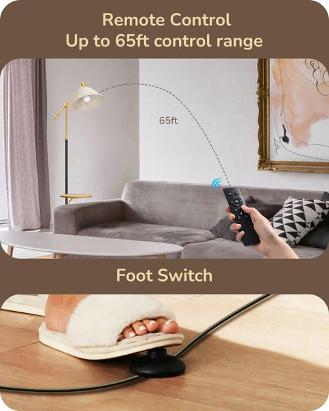 Gold Arched Floor Lamp With Adjustable Linen Shade, Corner Standing Arc Light For Bedroom, Living Room, And Office, remote control range demonstration with foot switch shown, 63 Inch Tall Modern Floor Lamp, Space Saving Gold Finish.