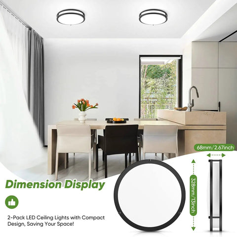 Two Pack 36W LED Ceiling Lights Black 13 Inch Flush Mount 3600 Lumens 2700K 3000K 4000K 5000K 6500K Color Changing Dimmable Fixtures in kitchen