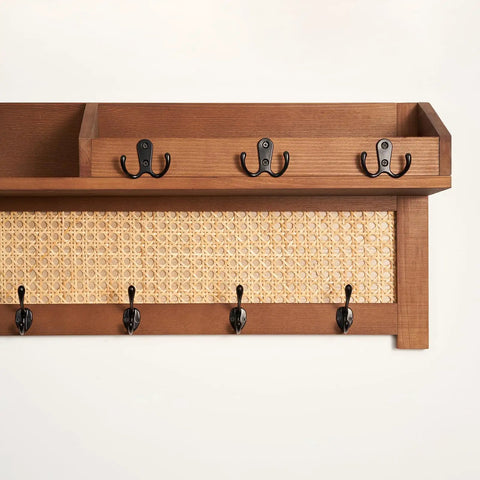 Wall Mount Coat Rack With Hooks And Shelf Made From Natural Pine And Woven Rattan A Boho Chic Entryway Organizer For Hanging Coats Keys Hangers This Space Saving Durable Wooden Holder For Hallway Bedroom And Office The Rattan Model