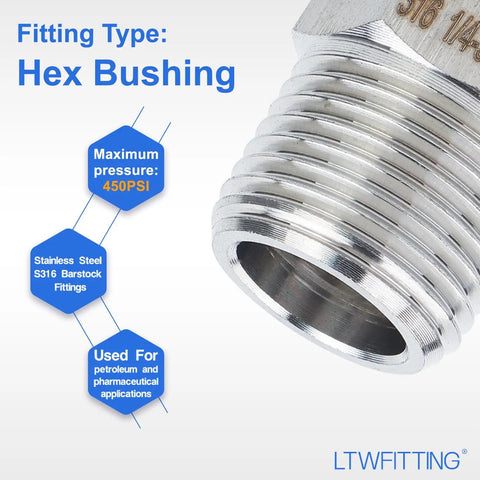 Pro Grade Stainless Steel 316 Hex Bushing Reducer Fittings Three Eighths Inch Male To One Quarter Inch Female NPT