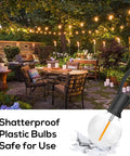 Globe Outdoor String Lights 29Ft With 15 Dimmable Plastic Bulbs Waterproof Shatterproof Patio Lights in backyard setting