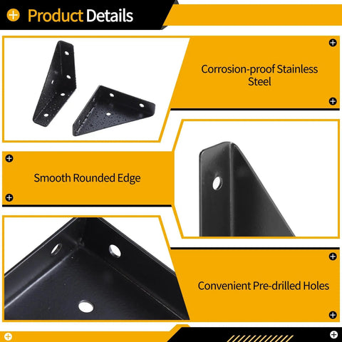 Close-up of Set Of 20 Stainless Steel Corner Brace Brackets For Wood Shelves And Furniture with pre-drilled holes, corrosion-proof steel.