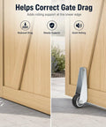 Heavy Duty Gate Caster Wheels With Rubber Pulley Track Rollers For Sinking Wood Fences And Garden Doors Galvanized Steel Bracket shown supporting a gate.