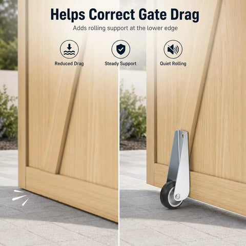 Heavy Duty Gate Caster Wheels With Rubber Pulley Track Rollers For Sinking Wood Fences And Garden Doors Galvanized Steel Bracket shown supporting a gate.