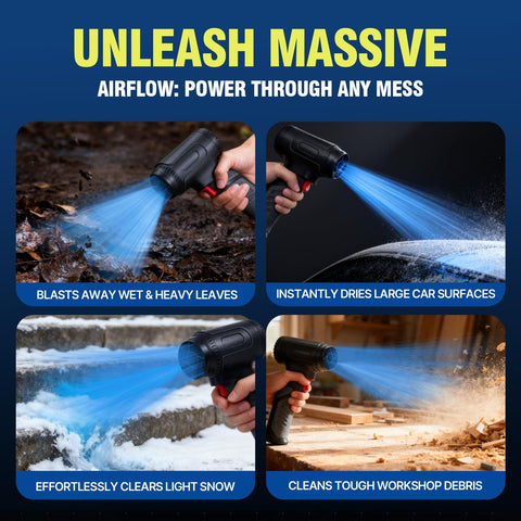 Cordless Car Dryer Air Blower 680 CFM Jet Turbo Fan blasting leaves, drying car surfaces, clearing snow, and cleaning debris