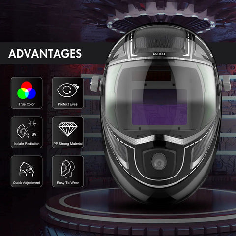 Front view of Pro Grade Auto Darkening Welding Helmet With Big 3.86 by 2.44 Inch Viewing Window Side View And Top Optical Clarity