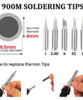 All In One Soldering Kit With 60W Adjustable Iron, 30 In One Tips, diagram showing 900M tip sizes and replacement guide