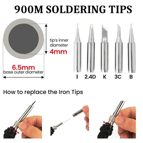 All In One Soldering Kit With 60W Adjustable Iron, 30 In One Tips, diagram showing 900M tip sizes and replacement guide