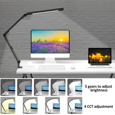 Led Desk Lamp With Dual Light Source And Adjustable Swing Arm Clip On Eye Care Desk Light With 4 Cct Modes And 5 Brightness Levels Architect Style Task Light For Your Home Office Or Study Setup illuminating a workspace.
