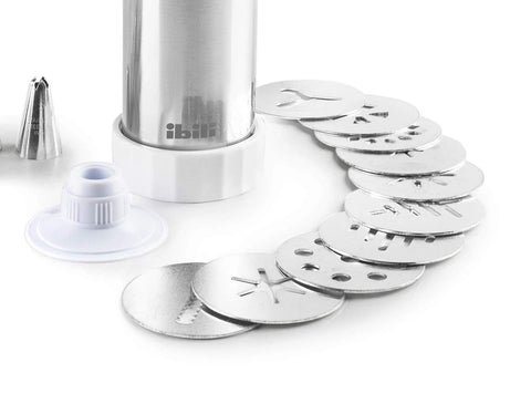 Pro Grade Stainless Steel Cookie Press Gun Kit With 10 Disc Variations And 8 Interchangeable Nozzles Dishwasher Safe 18/10 Inox