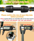 Half Inch Drip Irrigation Tubing Couplings Kit, 12 Barbed Locking Connectors for Drip Tubing, 16mm OD, size measurement details