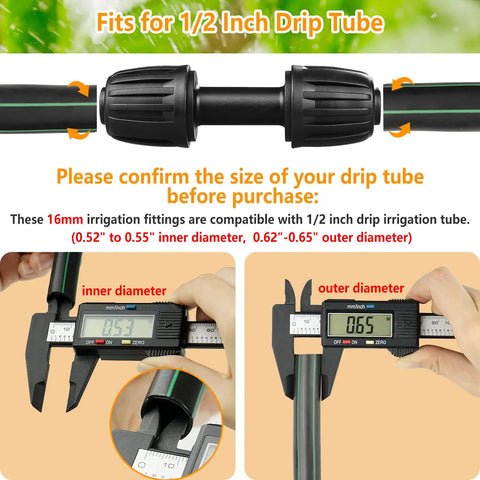 Half Inch Drip Irrigation Tubing Couplings Kit, 12 Barbed Locking Connectors for Drip Tubing, 16mm OD, size measurement details