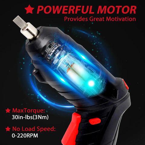 Close-up of Easy Grip Cordless Electric Screwdriver With Bright Led Work Light And Rapid Usb Charging Solid Rechargeable Power Drill Kit.