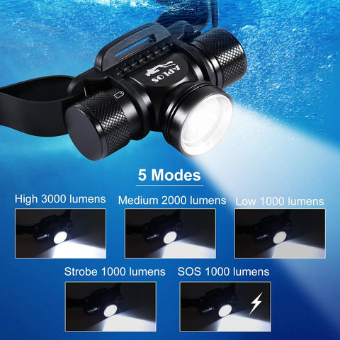 HP900 Diving Headlamp Rechargeable 3000 Lumen Ultra Bright Scuba Flashlight with 5 Modes displayed underwater