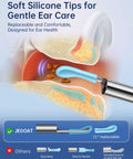 Illustration of Ear Wax Removal Tool With Camera 1296P HD Otoscope and soft silicone tip in ear canal