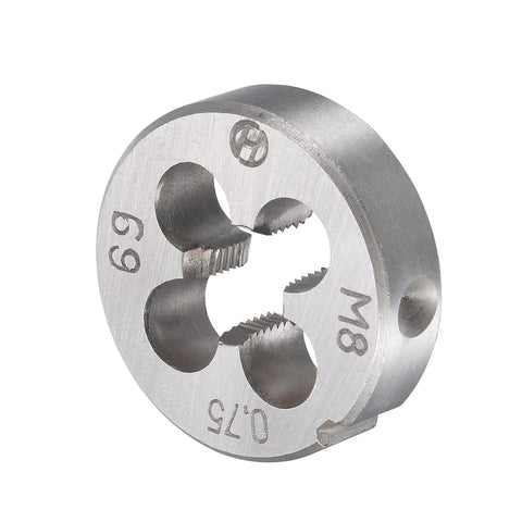 M8 x 0.75 Metric Tap and Die Kit for Thread Repair, Right Hand Tap and Die Set with Round Threading Die, metal tool close-up