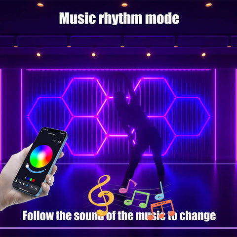 Music rhythm mode with RGB Hexagon Ceiling Light Fixture 15 Pack With Dope Color Modes, app control phone and dancing person