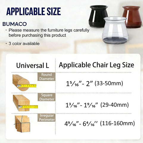 Applicable sizes for 20 Pack Chair Leg Floor Protectors Silicone Pads For Hardwood Floors Clear Universal Fit For Round And Square Chair Legs 1.31 Inches To 2 Inches Durable Floor Saver Cushioned Pads shown graphically.