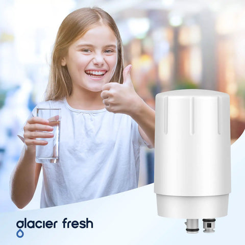 Smiling girl holding glass of water with Replacement Faucet Filter For Brita On Tap Water System 36311 in foreground