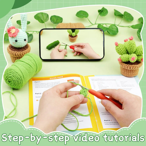 Hands crocheting using the Plant Crochet Kit for Beginners with 6 Succulent Projects, guide open, green yarn, video tutorial.